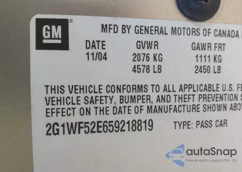 2005 Chevrolet Impala z USA, uszkodzony, nr VIN 2G1WF52E659218819